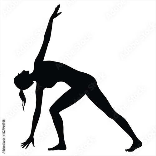 Silhouette of a woman performing a yoga pose likely triangle pose or extended side angle pose or Intense Side Stretch (Parsvottanasana) symbolizing flexibility and balance. 