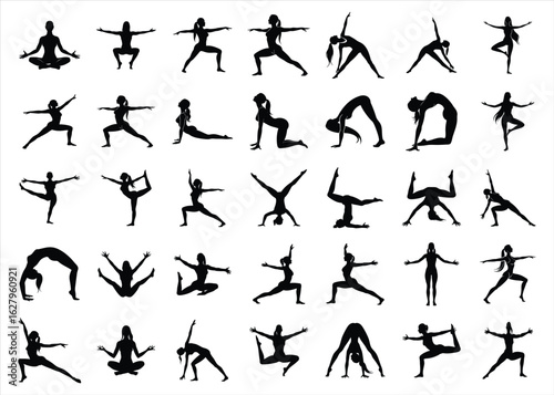Collection of diverse yoga poses and silhouettes representing flexibility strength and balance in a clean graphic design for wellness and fitness concepts