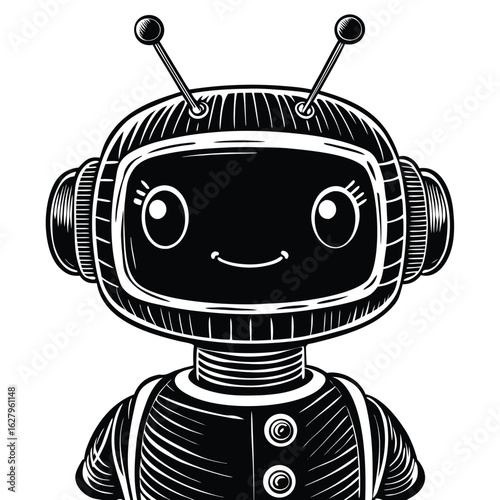 Cute black and white robot with antennae and smiling face