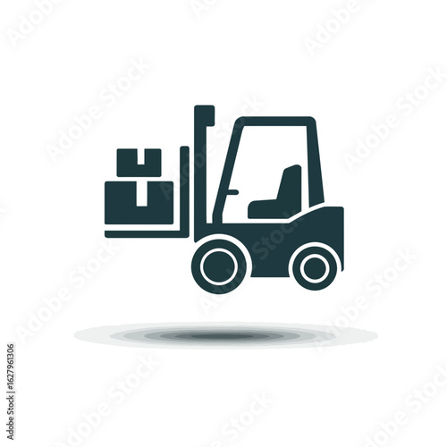 Dark silhouette illustration of a forklift carrying a box in a minimalistic style, concept for warehouse operations, industrial logistics and delivery services.