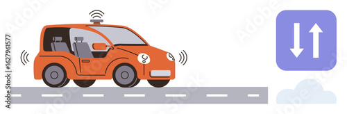 Self-driving orange car on a road with sensors and a wireless signal icon. Ideal for technology, transportation, automation, smart systems, AI, innovation, future mobility. Simple flat metaphor