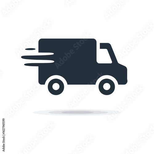 A black delivery truck icon shows movement, indicating speed and efficiency, concept for shipping service, logistics solutions and e-commerce fulfillment illustration