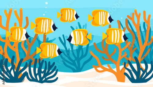 A school of stylized yellow butterflyfish with bold white vertical stripes and black markings.