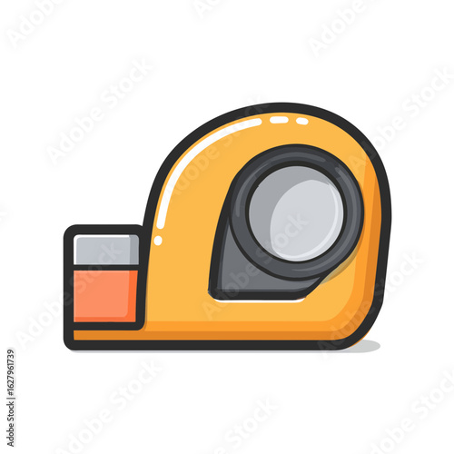Cartoon image showing a bright yellow tape dispenser on a white background, concept for office supply design, stationery icon, and tool illustration.