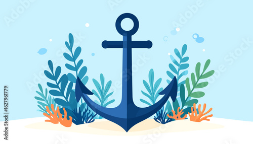 Stylized blue anchor resting on the seabed surrounded by seaweed and coral