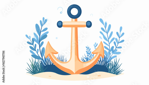 Vibrant cartoon anchor in orange and blue, settled on the ocean floor amidst stylized seaweed.