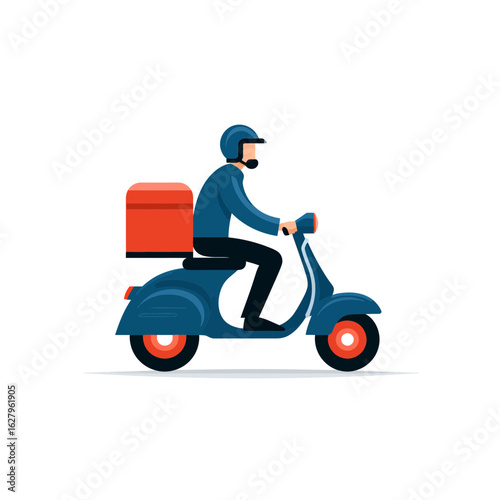 Delivery driver on blue scooter with red box ready to transport food parcels swiftly, concept for food delivery service, express shipping and city logistics.