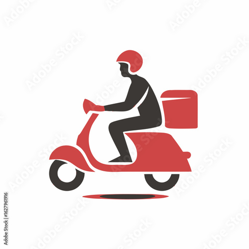 Delivery man riding scooter with helmet and carrying box, concept for food delivery, package delivery and express courier service