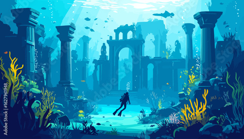 A lone scuba diver explores the mysterious, sunlit ruins of an ancient sunken city with columns and arches.