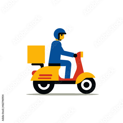 Delivery rider in blue and yellow riding a scooter with package, concept for food delivery service, urgent package transportation and logistics industry icon.