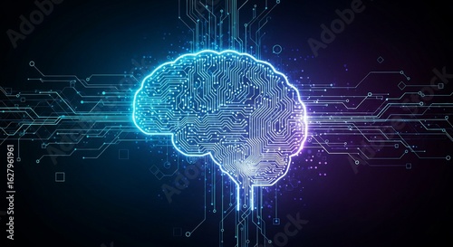 Glowing circuit board brain symbolizing artificial intelligence, machine learning, and technological advancements on a dark background.