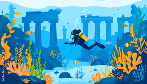 Silhouette of a female scuba diver with a yellow tank exploring sunken ancient ruins in a vibrant blue sea.