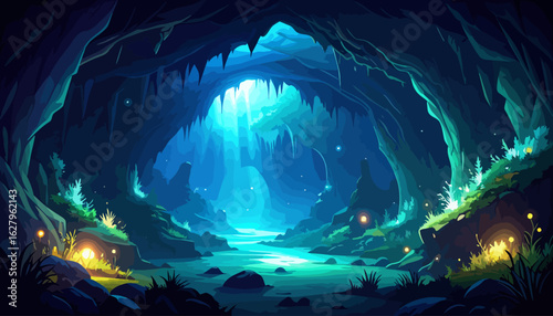 Magical underground grotto with a glowing blue river, stalactites, and luminous fantasy flora.