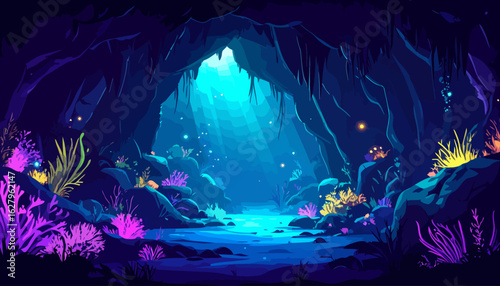 Enchanting underground grotto with vibrant bioluminescent flora and ethereal light rays.