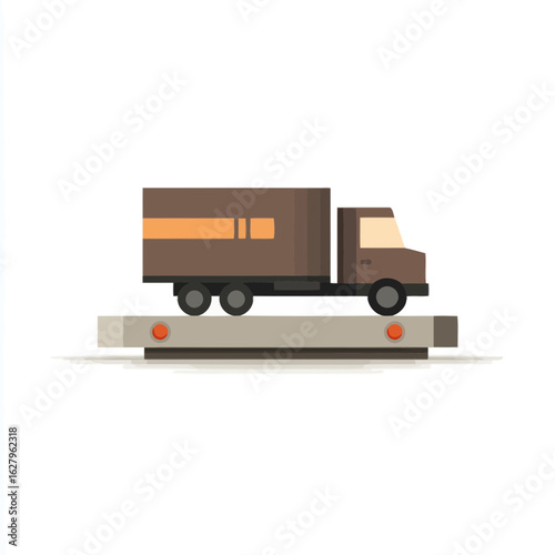 Simple flat vector illustration of a brown delivery truck on a trailer, concept for cargo transport simulation, goods logistics visual, and moving company presentation.