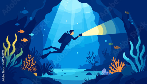 A male scuba diver in a dark wetsuit explores a deep sea cave with a bright flashlight.