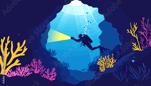 Silhouette of a scuba diver with a flashlight exploring a sunlit underwater cave with colorful coral reefs.