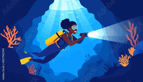 A smiling Black woman scuba diving, holding a flashlight and wearing a yellow oxygen tank.