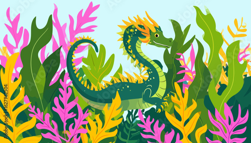 Whimsical green cartoon dragon with yellow horns, a spiky mane, and a friendly smile.