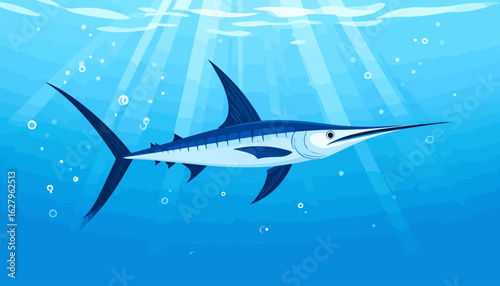 Stylized blue marlin fish with a long bill and prominent dorsal fin swimming gracefully.
