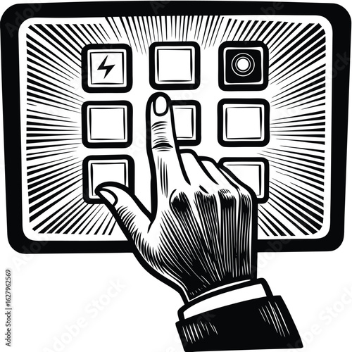 Finger pressing button on a grid interface vector illustration