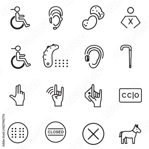 A comprehensive set of line icons representing disability, accessibility, and assistive technology for inclusive communication and support.
