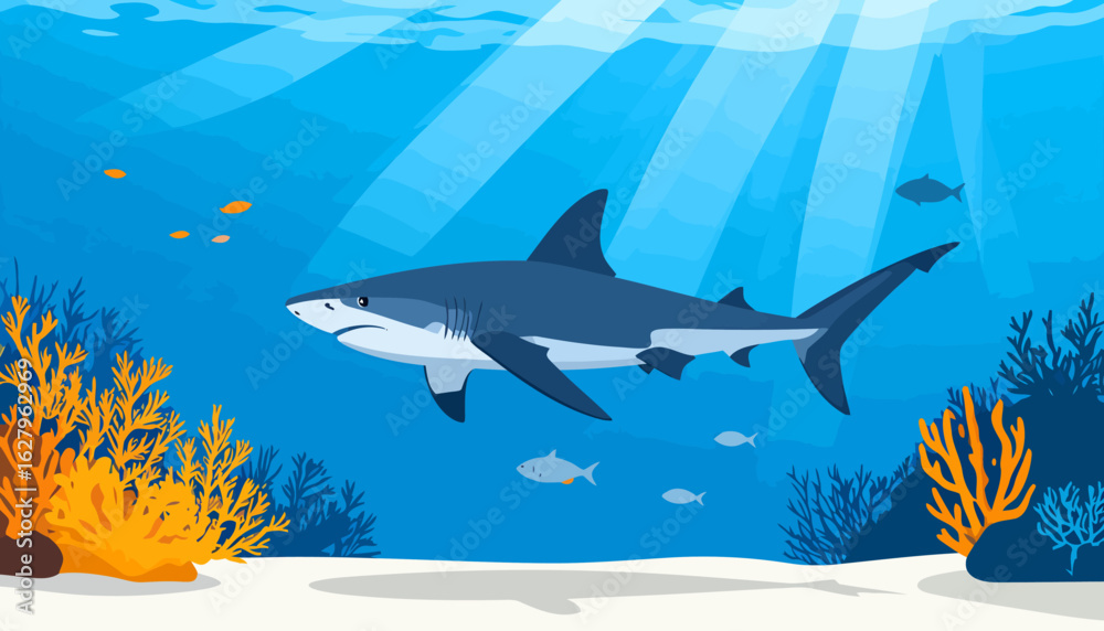 Obraz premium A large, grey great white shark with a white underbelly, illustrated in a flat vector style, swimming with a serious expression.