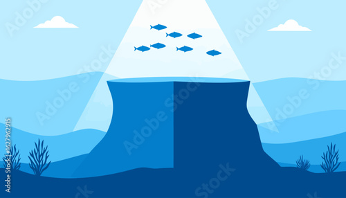 Mysterious light beam illuminating a school of fish over an underwater cliff in a surreal, blue vector illustration.
