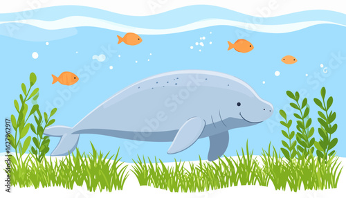 Charming cartoon illustration of a smiling light blue manatee swimming gracefully underwater.