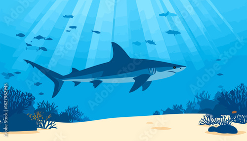 Stylized blue shark illustration swimming in profile, with a prominent dorsal fin, visible gills, and a powerful tail.