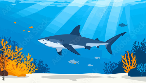 A large, grey great white shark with a white underbelly, illustrated in a flat vector style, swimming with a serious expression.