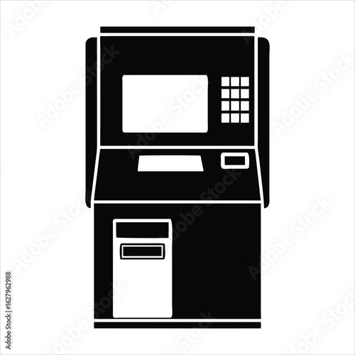 Bold black silhouette vector icon of an ATM machine on white background. Ideal for banking, cash withdrawal, and fintech user interface designs.