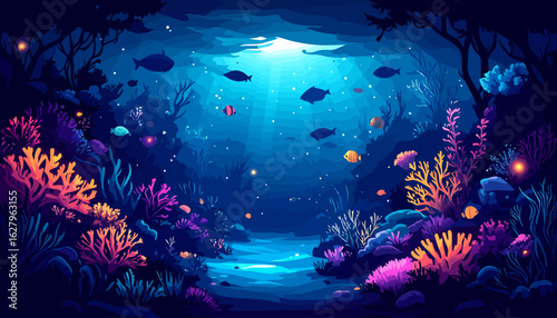 A magical underwater world illustration with vibrant coral reefs and fish swimming in deep blue sea.