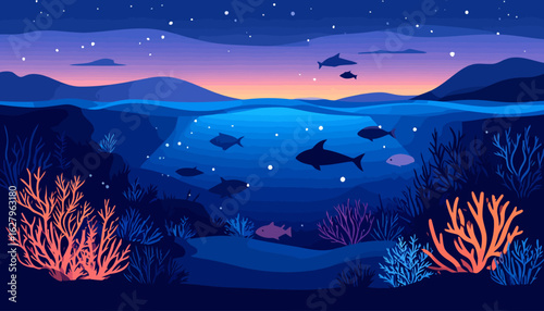 Stylized illustration of a deep blue ocean at night with marine life and a starry sky.