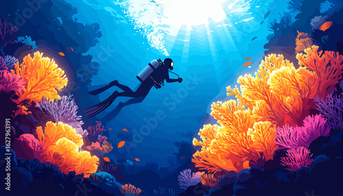 Silhouetted scuba diver exploring a vibrant, sunlit coral reef. Vector illustration of an underwater adventure with colorful marine life.