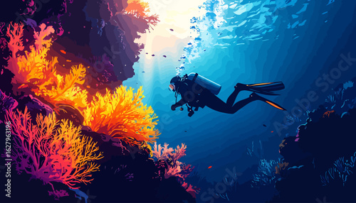 Scuba diver silhouette exploring a vibrant, colorful coral reef in deep blue ocean waters.