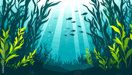 Serene underwater world illustration with a sunlit kelp forest, silhouetted fish, and radiant light beams.