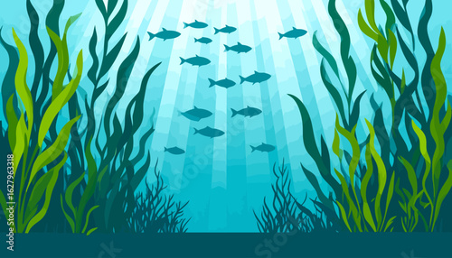 Serene underwater landscape illustration with a school of fish swimming among tall seaweed under sunbeams.