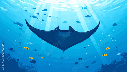 A majestic dark blue manta ray illustration, gliding forward with large, outstretched fins.