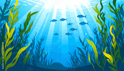 Serene underwater landscape illustration with sun rays, a school of fish, and lush green kelp forest.