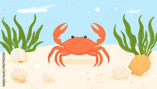 A cute orange cartoon crab with a happy smile and raised claws.