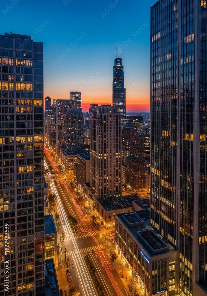Obraz premium Cityscape at Dusk - Stunning aerial view of a city at sunset, showcasing illuminated skyscrapers and traffic trails on a wide avenue