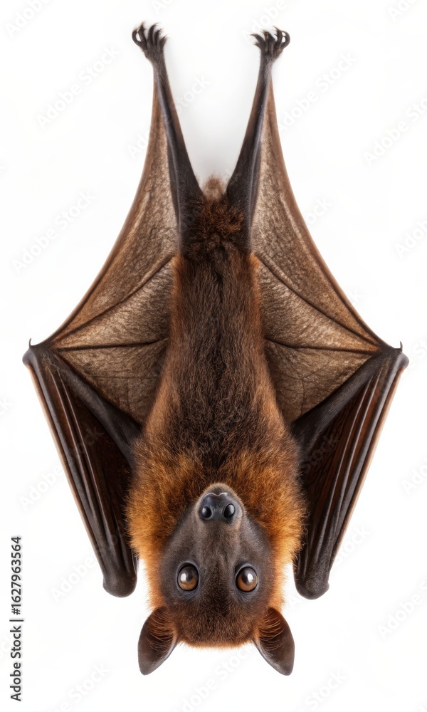 Obraz premium Flying Fox Bat Isolated on White Background, Detailed Close-up of Furry Creature Hanging Upside Down.