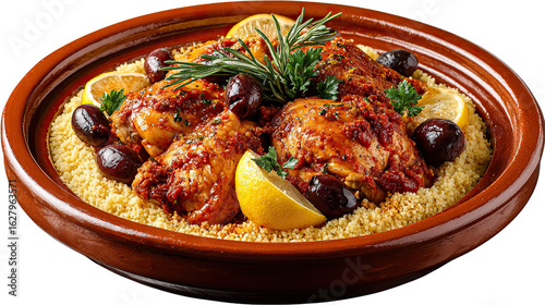 Moroccan Tagine: A vibrant and aromatic Moroccan tagine featuring succulent chicken, zesty lemon, and savory olives, all elegantly presented on a bed of fluffy couscous.