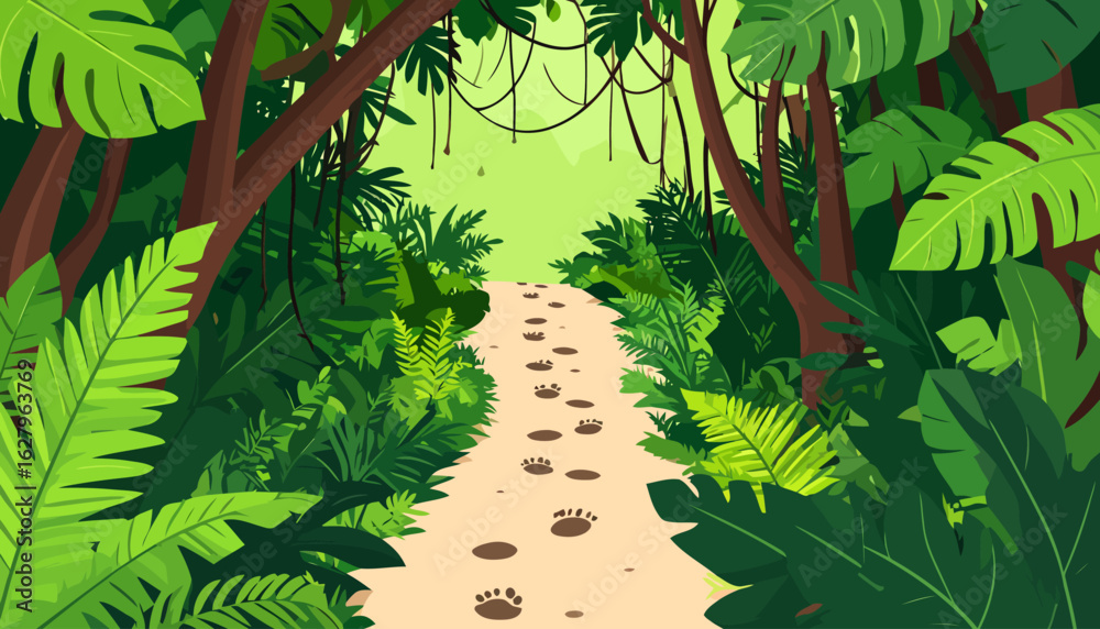 Obraz premium Vibrant cartoon illustration of a mysterious jungle path with animal paw prints, surrounded by lush green tropical foliage and hanging vines.