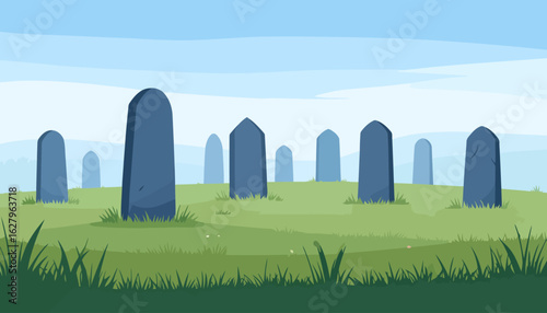 Ancient blue tombstones and headstones standing in a grassy, serene cemetery field.