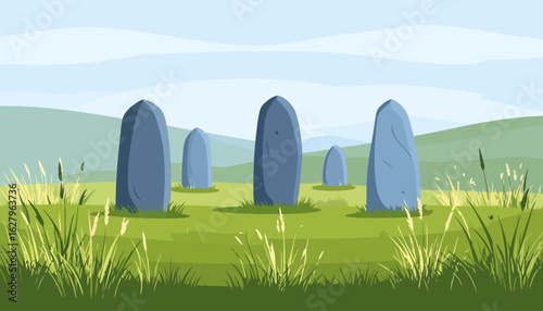 A circle of ancient blue-grey standing stones, a prehistoric megalithic monument illustrated on a grassy field.