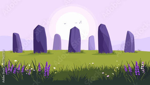 Mystical purple standing stones in a circle on a green field with wildflowers at dawn.