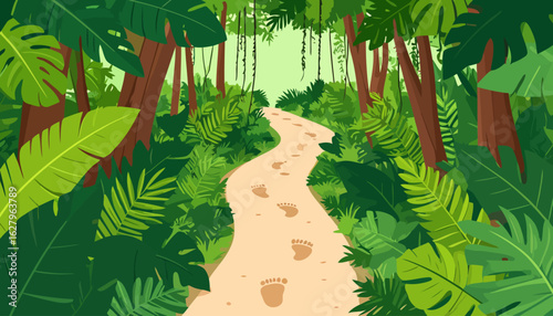 A winding path with bare footprints leading through a dense, green cartoon jungle with lush foliage and tall trees.