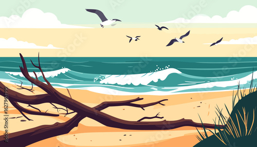 Stylized illustration of a serene beach with driftwood, ocean waves, and flying seagulls.